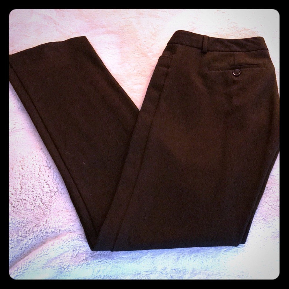 Black fitted straight leg dress pants.